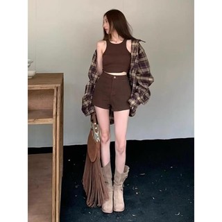 Bộ Đồ Mùa Thu Áo Sơ Mi Dài Tay Kẻ Sọc Rộng Rãi Cổ Điển Kiểu Mỹ Hai Dây Quần Short Ôm Dáng 