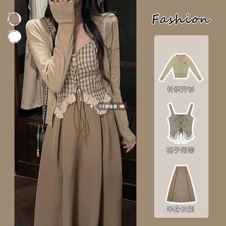 Bộ Vest Hai Dây Buộc Kẻ Caro Phong Cách Hồng Kông Cổ Điển, Váy Cardigan Dệt Kim Mẫu Mới Mùa Thu Cho Nữ, Váy Dài 