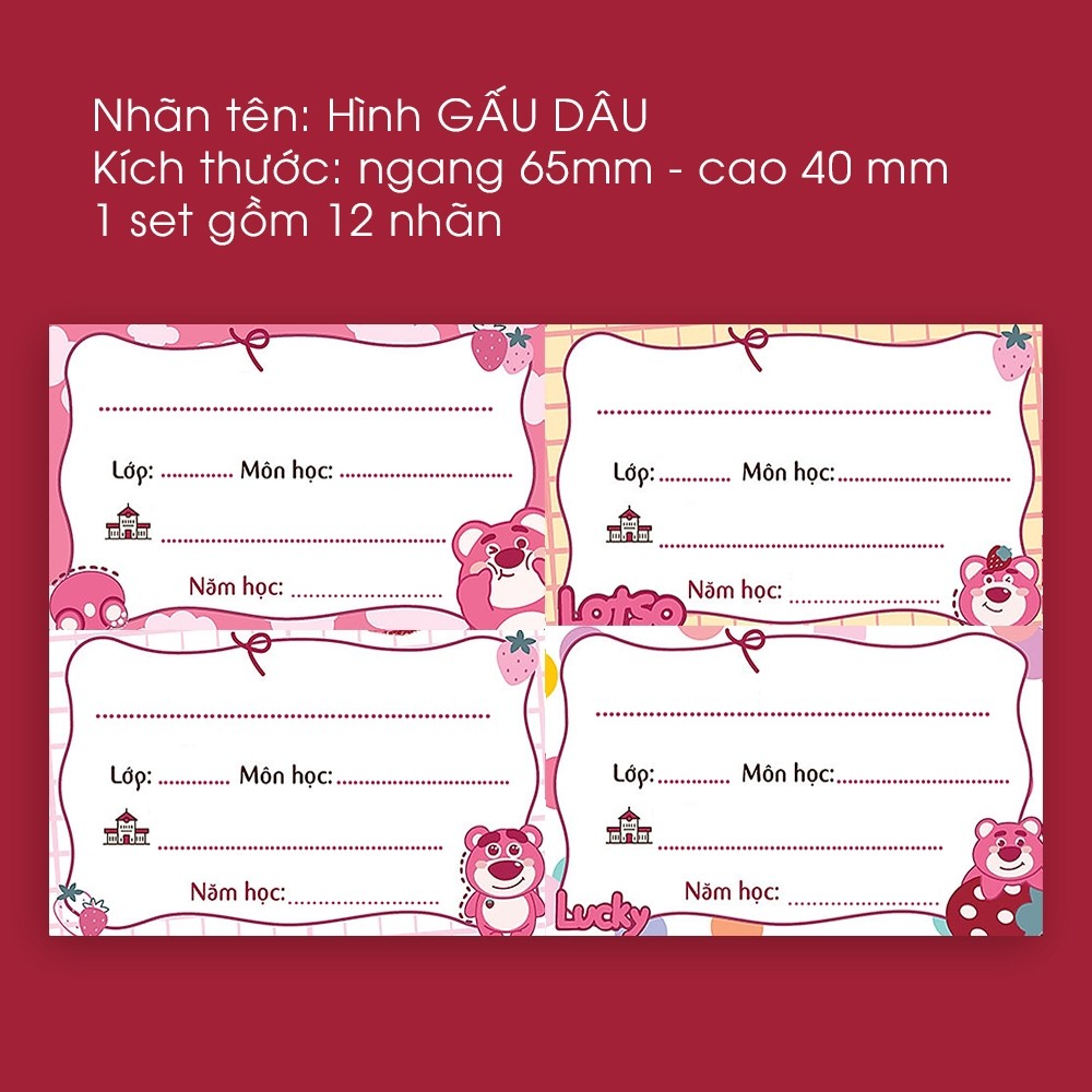 Combo 12 Nhãn vở Hình GẤU DÂU | Nhãn Dán Vở | Nhãn Dán Sách - Nhãn Dán Tập - Nhãn Tên |  111345