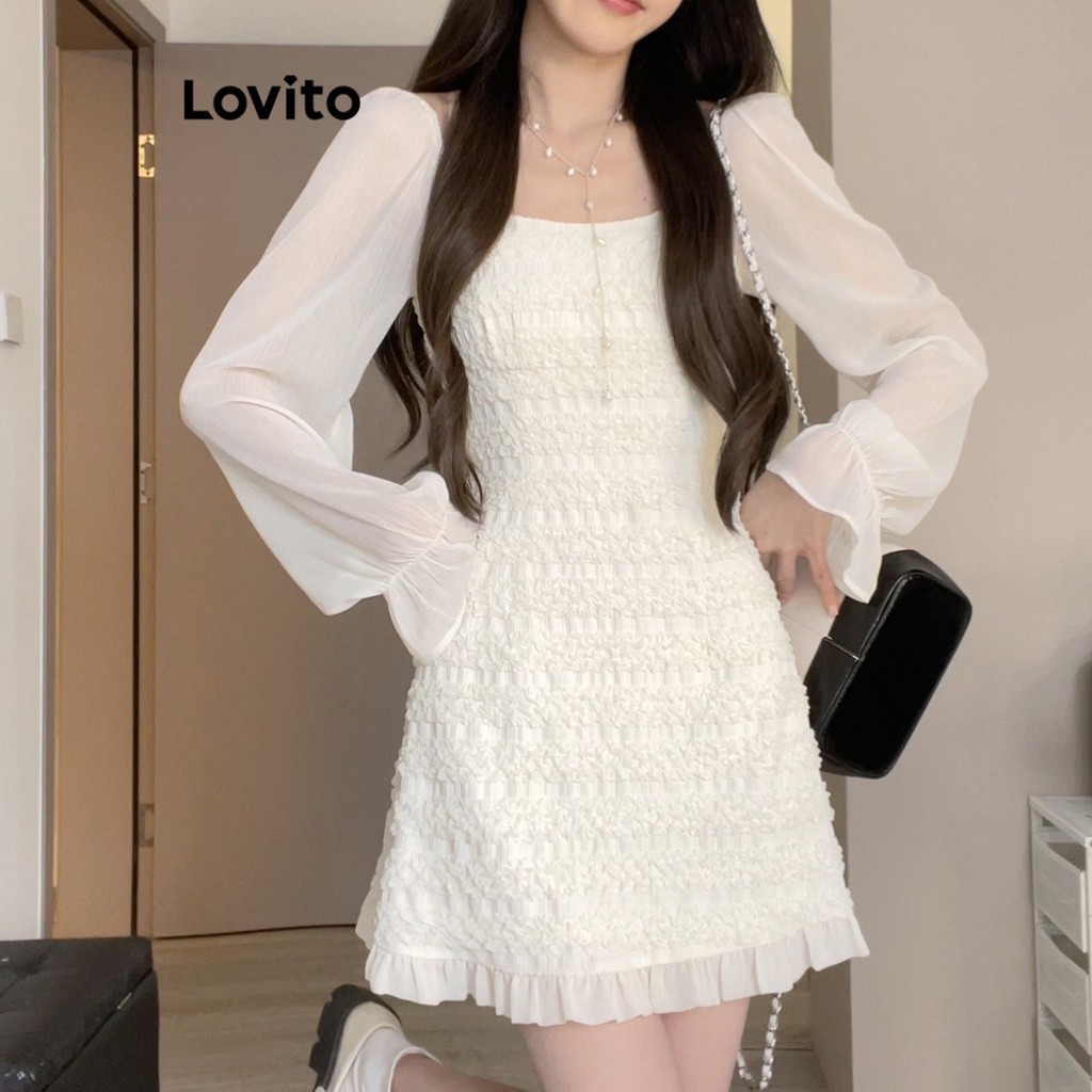 Đầm Lovito phối vải diềm xếp nếp cổ vuông màu trơn thường ngày cho nữ LNE33143 (Màu trắng nhạt)