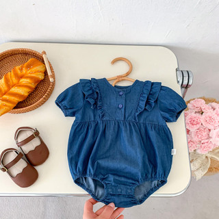 Mùa Hè Cho Bé Jumpsuit Phong Cách Mới Phiên Bản Hàn Quốc Vải Denim Romper Đầm Sơ Sinh Bé Gái Tay Ngắn Quần Áo Cho Bé
