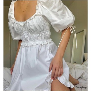 Sf-nữ Đầm Cổ Vuông Màu Trơn Tay Ngắn Cao Cấp Một Mảnh Cho Mùa Hè Trắng S / M / L