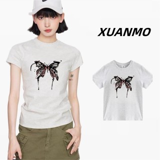 XUANMO Local brand Áo baby tee Áo Thun ôm body Áo y2k 100% cotton Áo thun trẻ em Áo sơ mi nữ dáng ôm thông thường Áo sơ mi ngắn tay Y2K Màu xám trơn in thiết kế hàng đầu thông thường