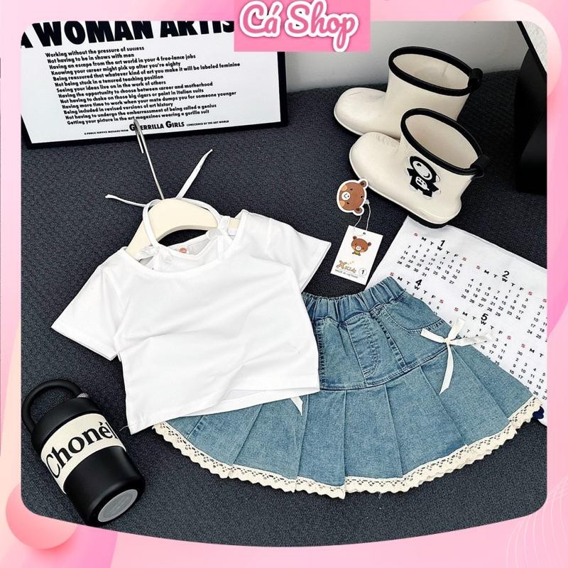 Xả Set áo cotton CS113 kèm chân váy jean nơ cho bé gái
