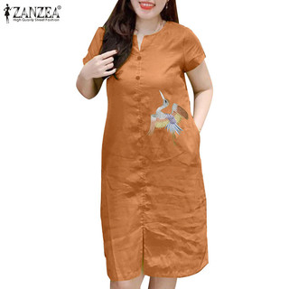 Zanzea Nữ Hàn Quốc Cổ Chữ V Tay Ngắn Túi Khóa Thêu Đầm