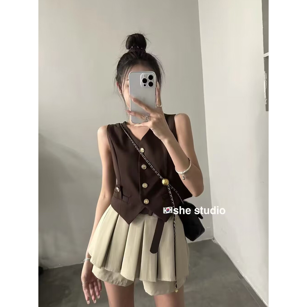 Mùa Hè 2024 Mới Phong Cách Hàn Quốc Thanh Lịch Cổ Chữ V Áo Vest + Quần Xếp Ly Cao Cấp Váy Phù Hợp Với Nữ