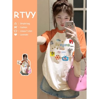 「RTVY」Phong Cách Pháp Ngọt Cay Áo Thun Tay Ngắn Chữ Mùa Hè In Hình Hoạt Hình Oversize Rời Thường Ngày Raglan Tay Áo Dành Cho Nữ