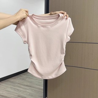 [Ưu tiên] Áo thun nửa tay vai trang trọng Áo thun xếp ly eo nhỏ ngắn Dopamine Top