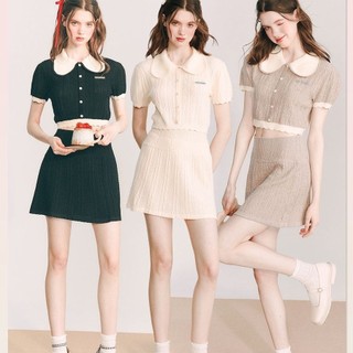 Set Áo Croptop Dệt Kim Cổ Búp Bê Ngọt Ngào, Chân Váy Ngắn Chữ A Phong Cách Pháp Khí Chất