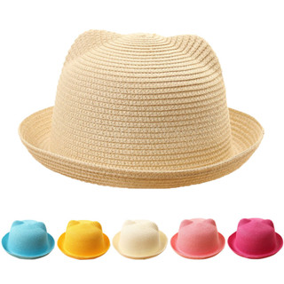 Tai Mèo Dễ Thương Cho Bé Mũ Rơm Màu Trơn Mùa Hè Tấm Che Nắng Mũ Cho Trẻ Em Du Lịch Đi Biển Mũ