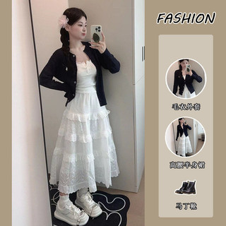 Set Váy Nữ Áo Khoác Cardigan Dệt Kim Dài Tay Phong Cách Dịu Dàng Ngọt Ngào Mẫu Mới Mùa Xuân Cho Nữ Váy Bánh Bèo Hai Dây