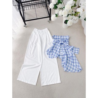 Set áo ống caro xanh nơ trước + quần dài trắng