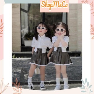 Set áo sơ mi trắng chân váy ghi xám cho bé gái