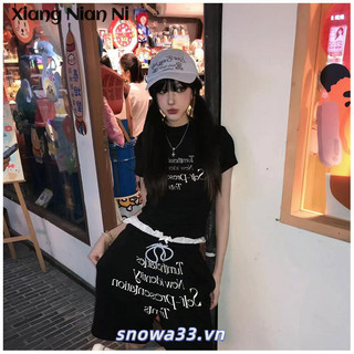 Xiang Nian Ni Nữ Cổ Tròn Màu Đen Vai Áo Thun Nữ Tay Ngắn Mùa Hè Mới In Chữ Top