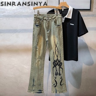 Sinransinya Quần Jean Nam Mới Mỹ Retro Đường Phố Cao Cấp Rửa Nước Lỗ Cũ Họa Tiết In Hình Thiết Kế Cảm Giác Thanh Niên Cặp Đôi Thời Trang Quần Chân Thẳng