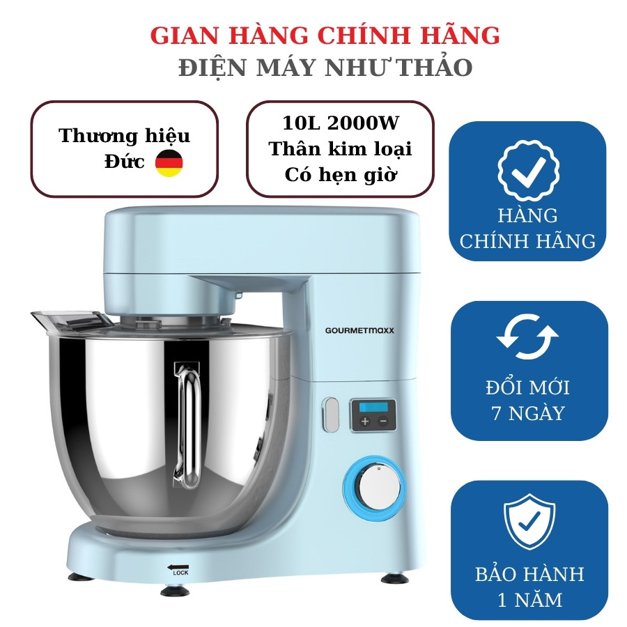Máy nhào bột công nghiệp GOURMETMAXX 10L 2000W -Thân máy kim loại có hẹn giờ - Bản quốc tế 2024 (Thương hiệu Đức)