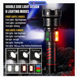 Yesfashion Đèn pin Led có thể sạc lại Zoom Ánh sáng mạnh Hợp kim nhôm Đèn pin chiếu sáng ngoài trời có đèn bên