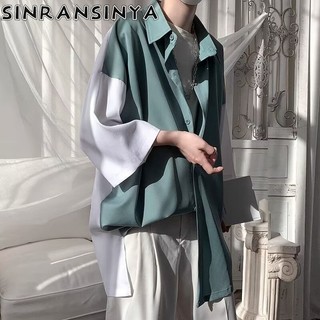 Sinransinya Áo sơ mi nam mới Nhật Bản cổ điển giản dị cao cấp nối màu sắc tương phản đa năng kẻ côn đồ đẹp trai dáng rộng phong cách cặp đôi ve áo năm phần tư tay áo