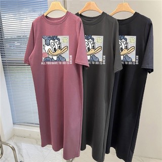 Hoạt Hình Dễ Thương Họa Tiết Vịt Daisy Chiều Dài Vừa Áo Thun Tay Ngắn Đầm Nữ Mùa Hè Thường Ngày Chia Váy