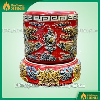 Bát hương thờ cúng, bát hương men đỏ kèm đế đắp nổi họa tiết sen-rồng, men đỏ bát tràng