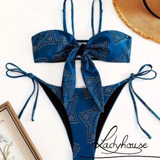 Ldd-bộ Bikini 2 mảnh dành cho nữ lệch vai không tay Nút thắt phía trước buộc dây Bikini Áo eo thấp Quần short Bikini Đồ bơi Trang phục