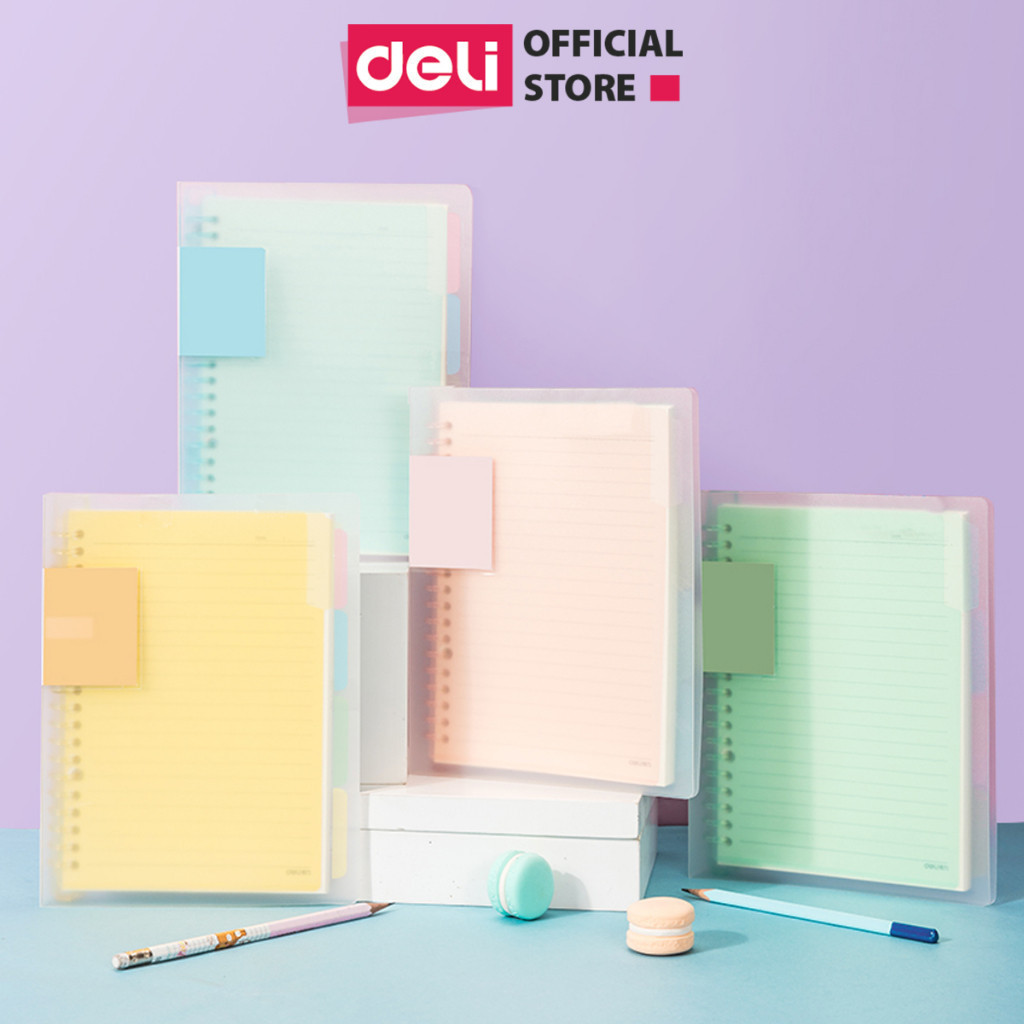 Sổ Bìa Còng Kèm Lõi DELI - Gáy Lò Xo Khổ A5/B5 Có File Lá Phân Và Sticker Đi Kèm - 120 Trang - Màu Pastel Xinh Xắn