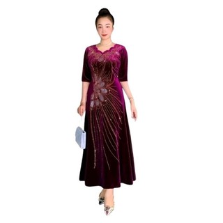 Đầm nhung dạ hội trung niên đi tiệc kết đá size lớn 80kg, Đầm dạ hội nhung trung niên đi tiệc kết đá bigsize 80kg