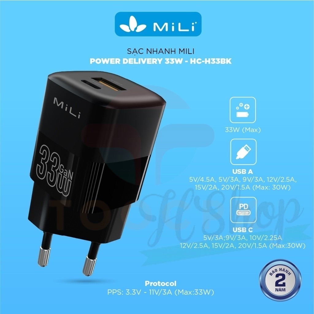 Cốc sạc nhanh MiLi PD 33W GaN - HC-H33 màu đen - Chân cắm EU - Bảo hành 2 năm -  MiLi PD 33W GaN - H