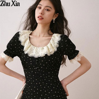 Zhu Xia Đầm Nữ Đen Pháp Ruffle Cổ Áo Hoa Ngọt Ngào Đầm Giữa Chiều Dài Ánh Sáng Sang Trọng Tay Ngắn