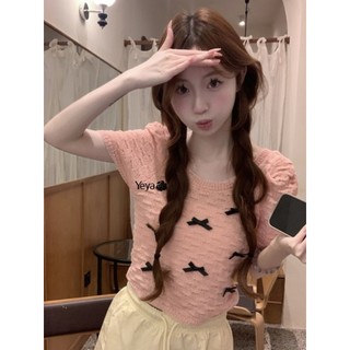 Áo thun nữ YEYA dáng ôm vừa vặn ngọt ngào nơ phồng áo len ngắn tay áo thun top