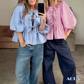 Anana-áo Sơ Mi Nữ Thắt Nơ Phía Trước Áo Tay Phồng Sọc In Áo Sơ Mi Babydoll