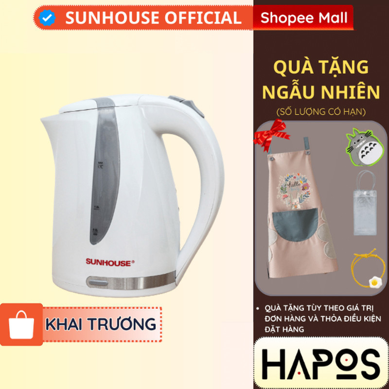Bình siêu tốc Sunhouse 1.7 lít 1800W Chính hãng, TẶNG CỌ RỬA, Ấm đun nước sôi nhanh SHD1300 - HAPOS SUNHOUSE