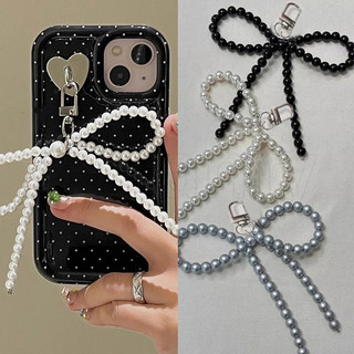 Dây chuyền điện thoại INS Pearl Bowknot - Dây đeo móc khóa túi dễ thương DIY - Dây đeo quyến rũ mặt dây chuyền trái tim Y2K - Dây buộc điện thoại ngọt ngào - Phụ kiện thời trang nữ bé gái - Móc chìa khóa Hàn Quốc thủ công