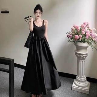 Yuewen Khâu Váy Hepburn Đen Eo Eo Eo Ôm Hơn Kết Cấu Cao Cấp Sling Váy Dài