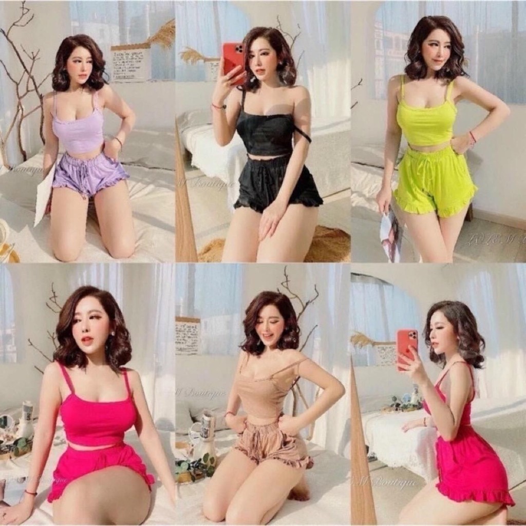 Đồ ngủ, Đồ bộ nữ 2 dây thun đùi mặc nhà Bộ ngủ 2 dây thun chất mát lạnh siêu mát gân tăm mềm mịn mã 
