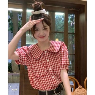 Pháp Retro Áo Sơ Mi Tay Ngắn Cho Nữ Mùa Hè Mới Phong Cách Thời Trang Giảm Tuổi Đẹp Áo Sơ Mi Nhỏ Tính Khí Búp Bê Cổ Áo Sơ Mi Top