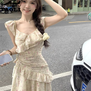 Đầm Nữ Mới Phong Cách Pháp Nhỏ Tay Bay Không Đều ruffle Eo Siêu Cổ Tích Đầm Dài