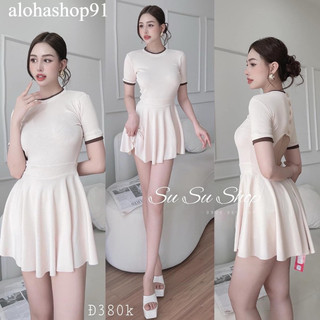 Đầm thun gân ngắn tay dáng xoè ly Đầm Xòe Xếp Li Tay Ngắn Phong Cách Trẻ Trung khoét lưng về 4 màu xinh alohashop91