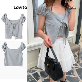 Áo thun Lovito màu trơn giả 2 trong 1 có dây buộc phong cách thanh lịch dành cho nữ LNE66510