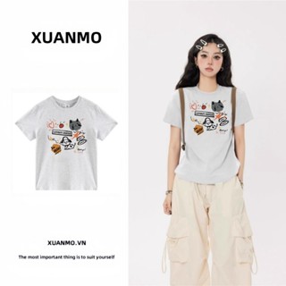 XUANMO Local brand Áo baby tee Áo Thun ôm body Áo y2k 100% cotton Áo thun ngắn tay cổ tròn in đơn giản màu xám cho phụ nữ