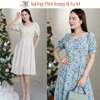 Đầm xòe hoa nhí vai thun đính nút S&M - GR0249