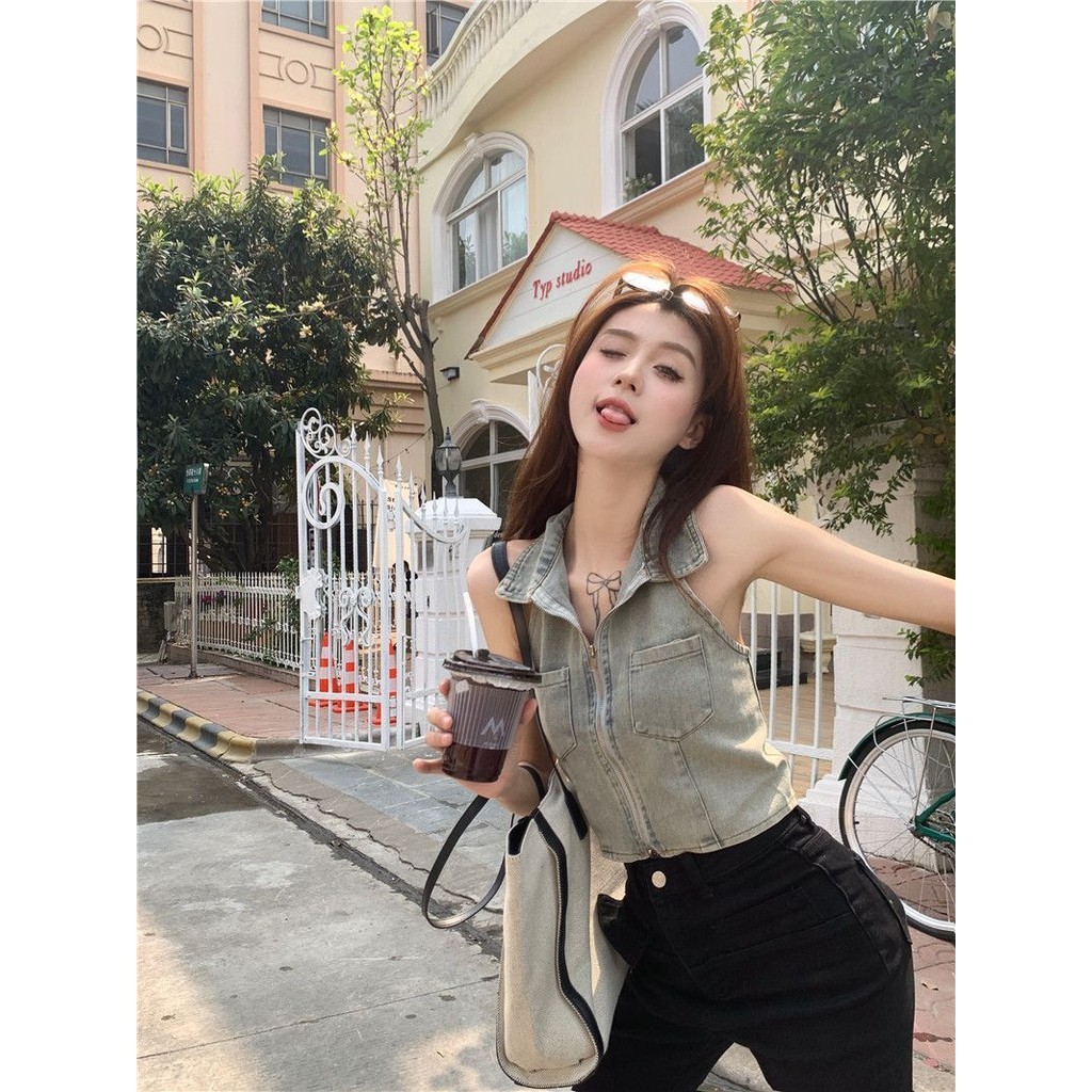 Hot Girl Design Sense polo Cổ Dây Denim Áo Vest Mùa Hè Phong Cách Hàn Quốc Slim-fit Dây Ngắn Camisole Top Nữ Hợp Thời Trang | BigBuy360 - bigbuy360.vn