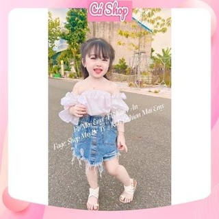 Set áo trắng trễ vai + cv jean cho bé gái