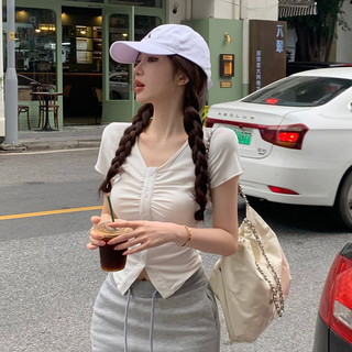 Pure Hot Girl Chia Chặt Top Vai Tay Ngắn Cổ Chữ V Màu Trơn Phù Hợp Với Áo Thun Nữ