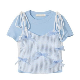 Milyfashion  2024Year Early Spring Summer Sweet Japanese Style Bow Sling Two-Piece Set Top round Neck Short Sleeve TWomen's T-shirt Short