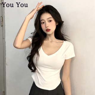 Áo thun ngắn tay thuần khiết ham muốn hotties insU hình viền dáng rộng cổ chữ V bé gái áo ngắn