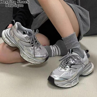  Nữ Bạc Retro Bố Giày Lưới Thoáng Khí Thoải Mái Giày Thể Thao Nền Tảng Đa Năng Giày Thể Thao 