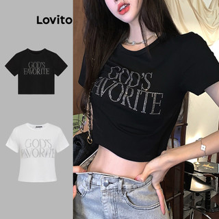 Áo thun Lovito Y2K đính đá họa tiết chữ thường ngày cho nữ LNA17167