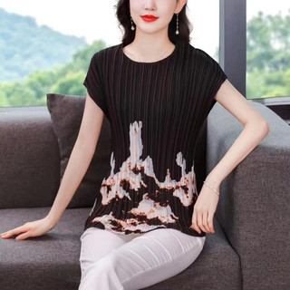 Miyake Xếp Ly Hàng Đầu Phong Cách Mới Mùa Hè Giảm Tuổi Thời Trang Rời Kích Thước Lớn Béo mm Mỏng Hơn Nhìn Áo Sơ Mi Mẹ Cổ Tròn Áo Sơ Mi Nhỏ