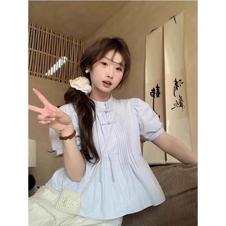 Mới Phong Cách Trung Quốc Nút Đĩa Puff Tay Áo Sơ Mi Nữ Thiết Kế Mùa Hè Xếp Ly Áo Sơ Mi Cho Bé Ôm Hơn Nhìn Sang Trọng Top